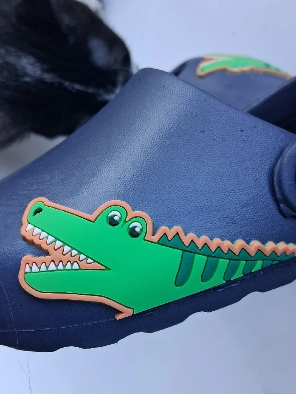 Kids Navy Slide Sandals with Green Crocodile Accent - Comfortable Slip-On